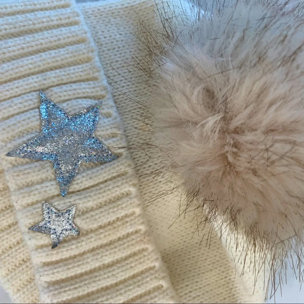 Kids Ribbed Knit Hat with Silver Stars. Cream.